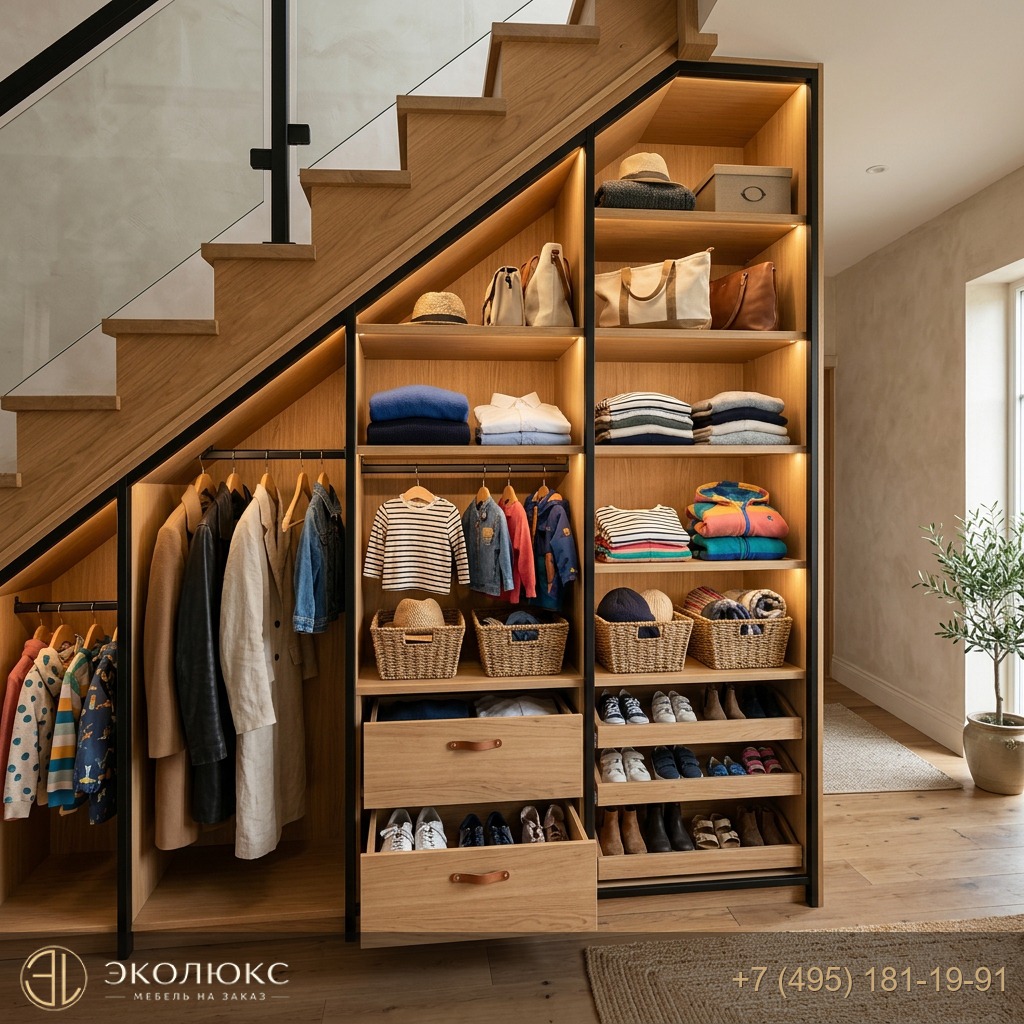 Что хранить в гардеробной под лестницей: идеальные сценарии для семьи, пары и одного человека