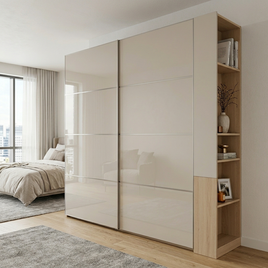 Бежевый шкаф-купе с глянцевыми фасадами и полками
